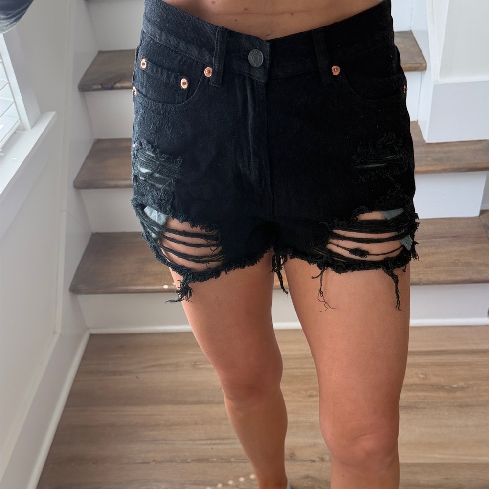 High-Rise Black Distressed Denim Cutoff Shorts